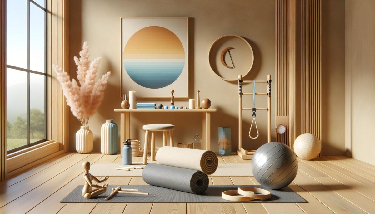 A serene yoga studio with rolled mats, exercise balls, wooden equipment, and pampas grass in a vase, bathed in natural light.