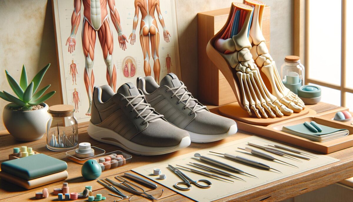 A workspace with a plant, anatomical foot model, sneakers, surgical tools, and a human anatomy poster.