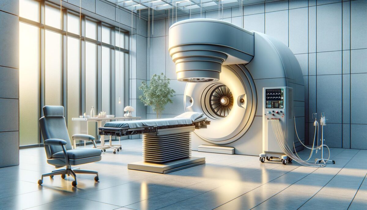 Modern medical imaging room with large machine, patient table, and chair.