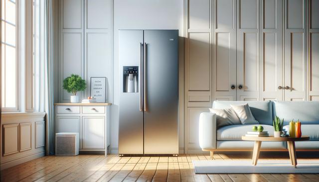 A modern living room with a stainless steel fridge, light sofa, coffee table with decor, and a side cabinet with a plant.