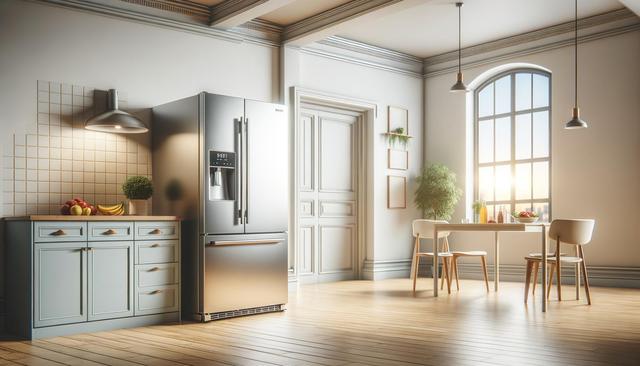 Bright kitchen with a silver fridge, green cabinets, and a wooden dining table by a large window.