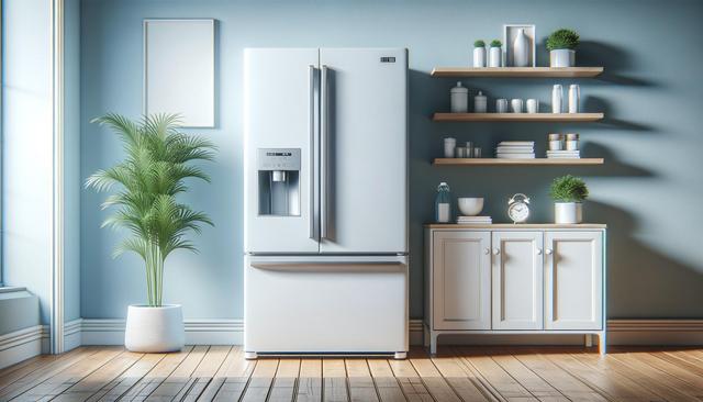 Modern kitchen with a refrigerator, potted plant, shelves with items, and a cabinet.