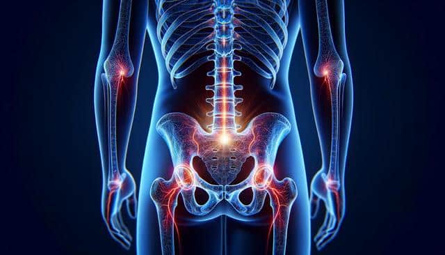 Digital illustration of a human skeletal system focusing on the lower spine, pelvis, and joints, highlighting nerve pathways in red.