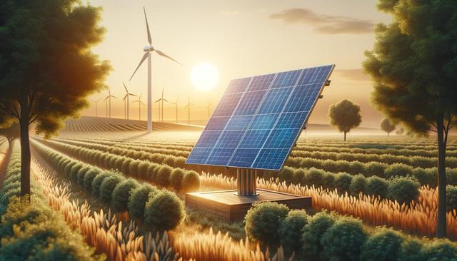 Solar panels and wind turbines in a field at sunset, surrounded by trees.
