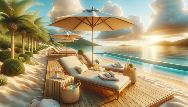 Beachfront with lounge chairs and umbrellas overlooking a serene sea at sunset, surrounded by palm trees.
