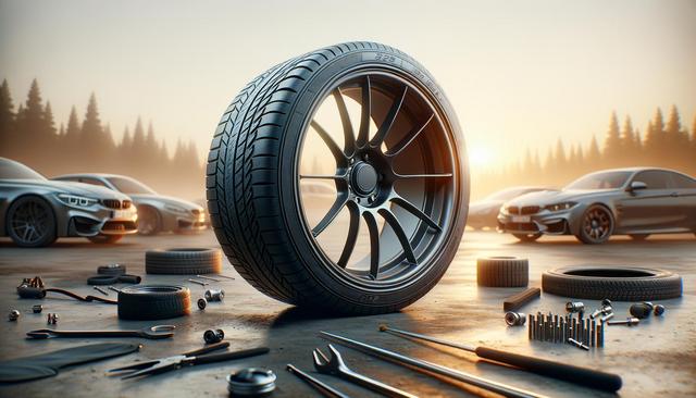 Large car tire and various tools on a misty road against a background of parked cars and trees.
