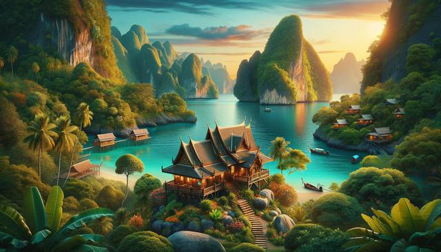 A serene tropical landscape features a traditional wooden house by a turquoise bay, surrounded by lush greenery and rocky islets at sunset.