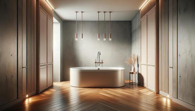 Minimalist bathroom with a freestanding tub, wooden floors, and pendant lights.