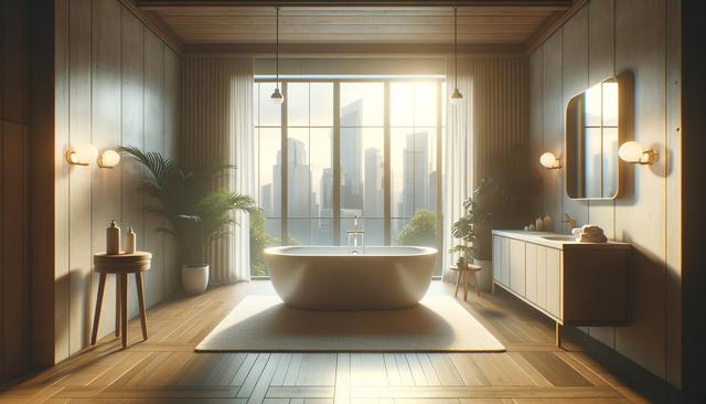 Modern bathroom with a freestanding tub, large window, city view, and warm lighting.