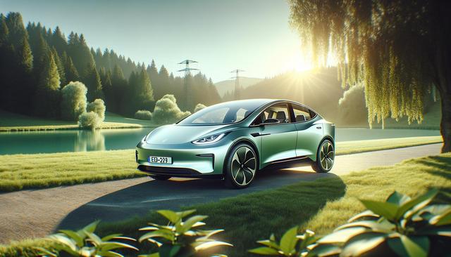 A sleek, modern car on a road beside a serene lake with trees and sunlight in the background.