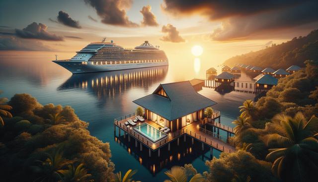 A sunset overwater villa with a pool, surrounded by tropical foliage, a cruise ship in the background.