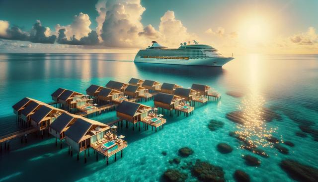 A cruise ship passes overwater bungalows on a tropical sea as the sun sets.