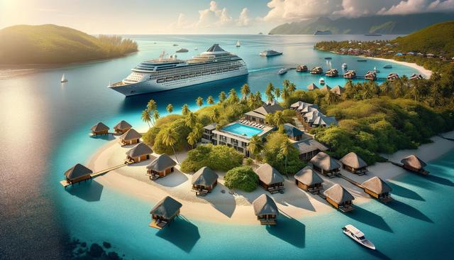A tropical island with overwater bungalows, a cruise ship, and lush greenery under a clear sky.
