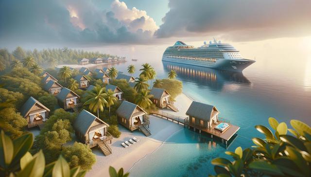 Tropical resort with overwater bungalows, palm trees, and a cruise ship on calm ocean water.