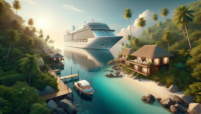 A large cruise ship in a tropical bay with palm trees and thatched-roof cottages on the shore.