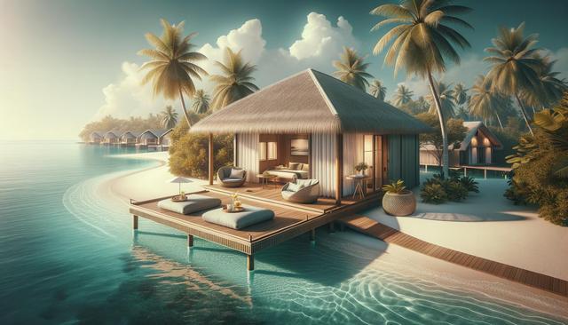 Tropical oceanfront villa on stilts with a thatched roof, surrounded by palm trees and beach.