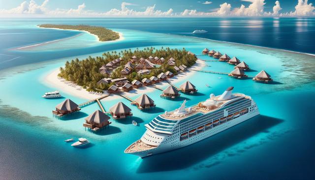 Aerial view of an island resort with overwater bungalows, lush greenery, and a large cruise ship docked nearby, surrounded by clear turquoise waters.