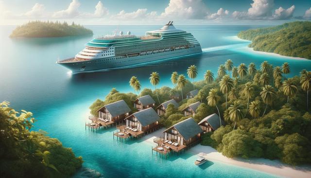 Cruise ship passing by tropical overwater bungalows surrounded by palm trees and blue water.