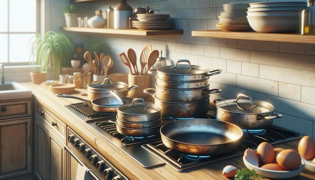 Kitchen scene with stacked pots and pans on a stove, wooden utensils in a holder, bowls, and eggshells on a wooden countertop, with potted plants in the background.