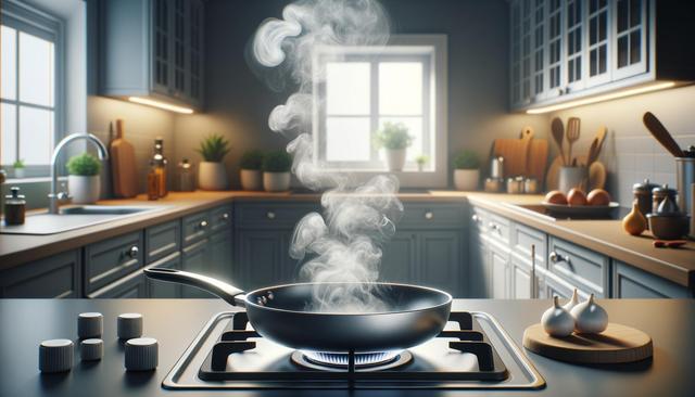 A steaming pan on a stove in a modern kitchen with natural light and various kitchen items.