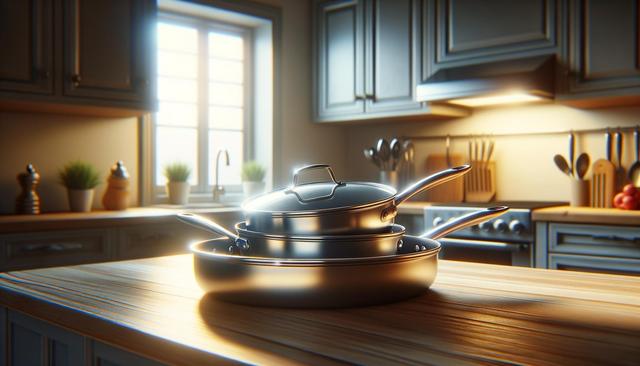 Stacked pans on a wooden kitchen counter with warm lighting and a window view.
