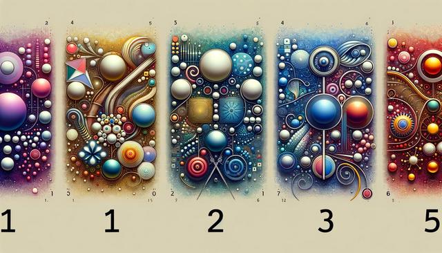 Colorful abstract art featuring five sections with various geometric shapes, swirls, and patterns. Each section contains numbers at the bottom.