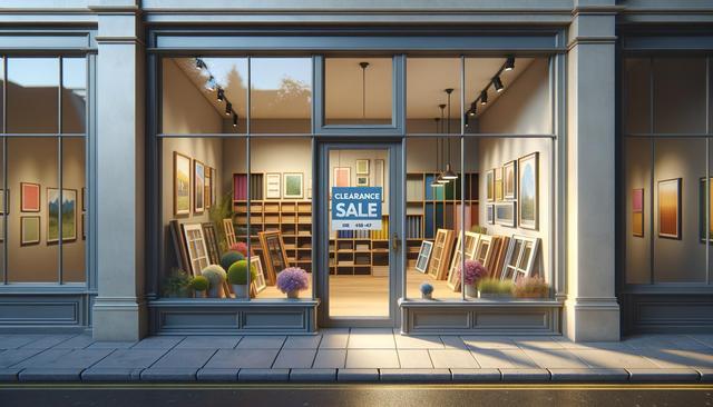 Storefront with large windows displaying picture frames and art, "Clearance Sale" sign on the door.