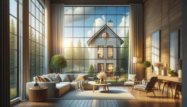 Cozy living room with large windows, modern furniture, and view of a sunlit house and trees.