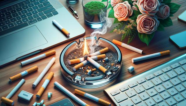 A cluttered desk with a laptop, keyboard, cigarettes, ashtray, a small plant, and a bouquet of roses.