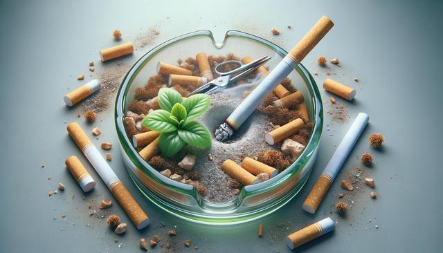 A green plant grows in an ashtray surrounded by cigarette butts and ashes.