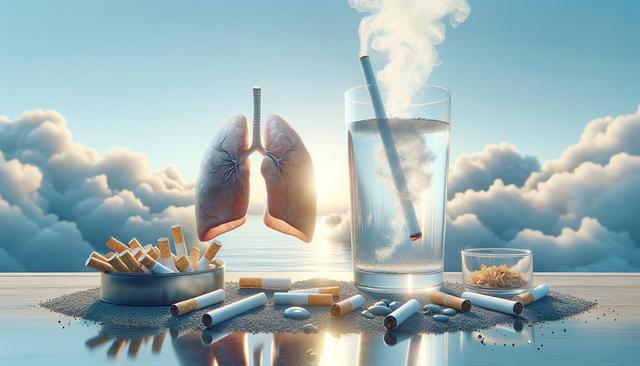 Lungs, cigarettes, and a glass of water with clouds in the background.