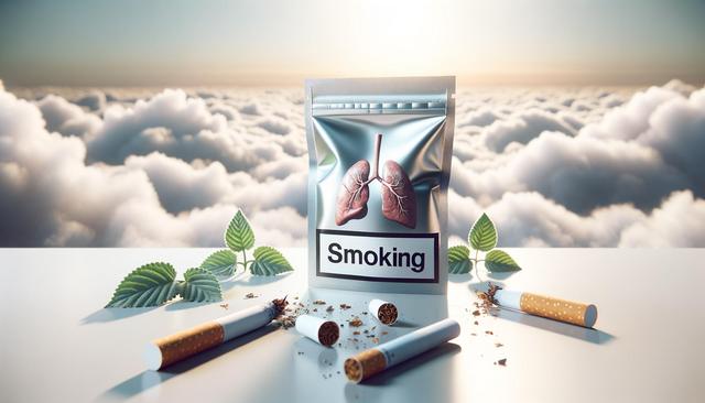 Cigarettes and a pack labeled "Smoking" with lung imagery, set against a cloudy sky and green leaves.