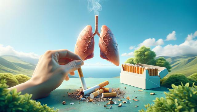 A hand holding a cigarette forms a pair of lungs, with cigarette pack and butts nearby, against a natural landscape.