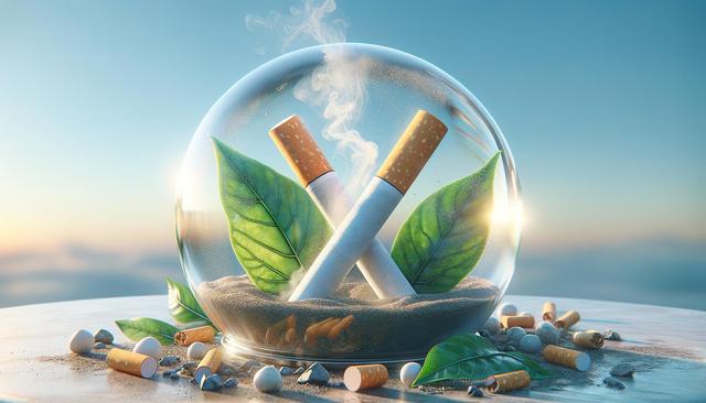 Two smoking cigarettes crossed inside a glass dome with green leaves and scattered cigarette butts on sand.