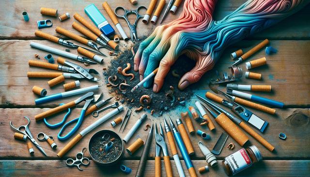 A colorful hand made of swirling patterns holds a lit cigarette, surrounded by cigarette-shaped tools and worms on a wooden surface.