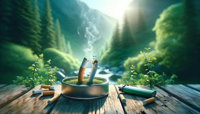 Two broken cigarettes with smoke in a tin, on a wooden table outdoors, surrounded by greenery and sunlight.