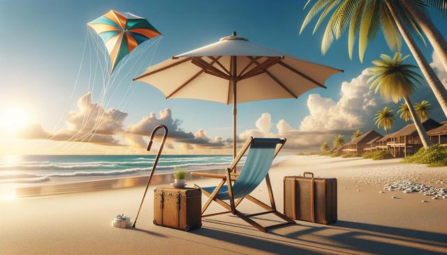 Beach scene at sunset with a lounge chair, umbrella, suitcase, and a colorful kite in the sky.