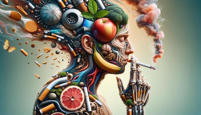 Surreal profile of a person composed of fruits, vegetables, machinery, and cigarettes, with smoke forming a cloud.
