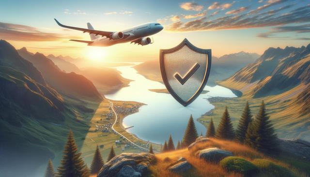 Airplane flying over a scenic lake and mountains during sunset, with a shield and checkmark symbol.