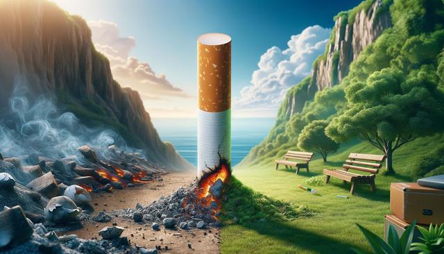 A giant burning cigarette separates a barren, smoky landscape from a lush, green park under a blue sky.