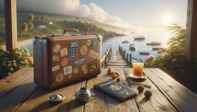 A vintage suitcase with travel stickers, a passport, and a glass of juice are on a wooden table; a scenic view of a dock and boats at sunset is in the background.