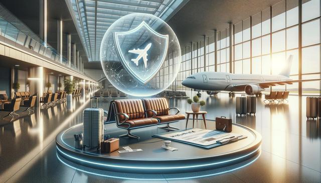 Futuristic airport lounge with luggage, seats, and digital airplane shield overlay.