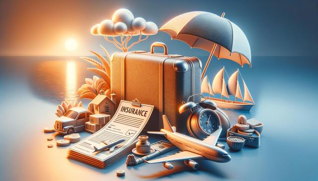 Travel essentials arranged on a surface with a suitcase, insurance papers, clock, airplane, sailboat, umbrella, and sunset background.