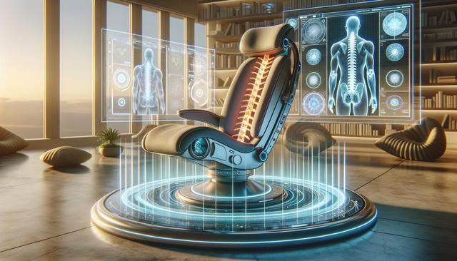 Futuristic chair with spine hologram in modern room, surrounded by virtual medical displays.