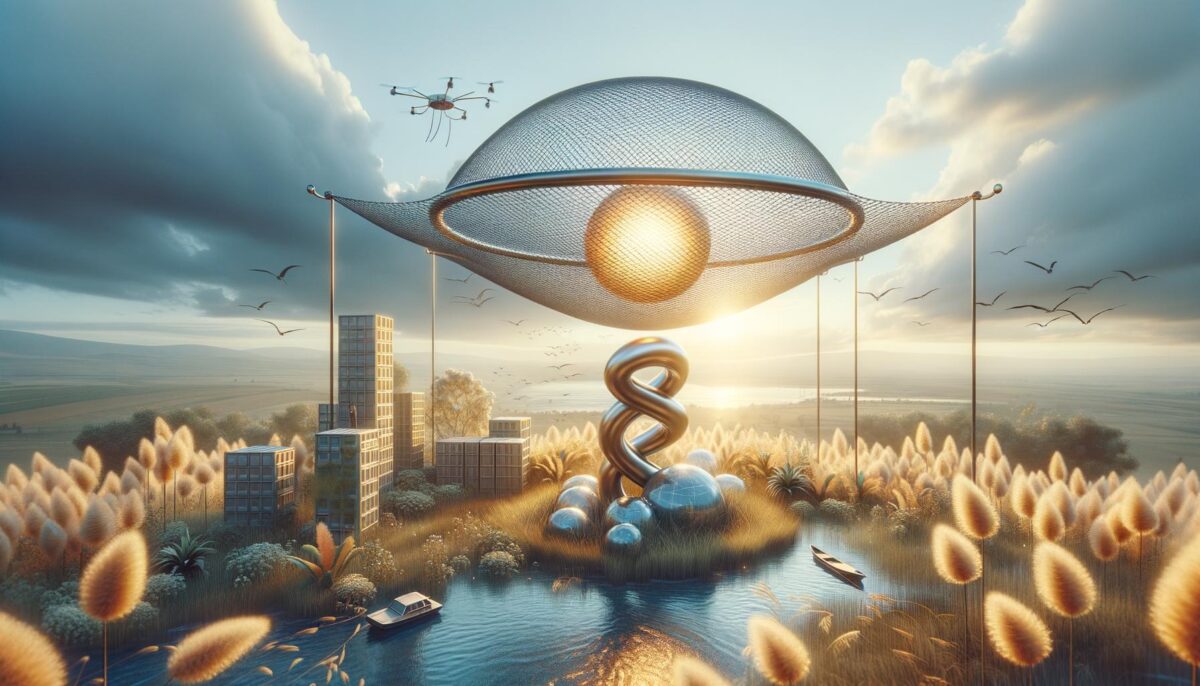 Futuristic landscape with buildings, large swirling structure, a sunset, and a drone in the sky.