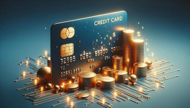 A digital credit card surrounded by glowing coins and circuit patterns.