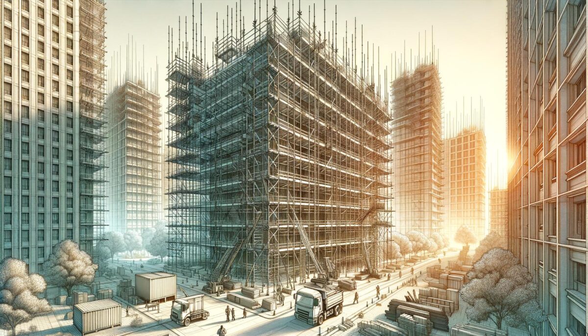 A cityscape with multiple high-rise buildings under construction, surrounded by scaffolding, cranes, trucks, and trees, bathed in warm sunlight.