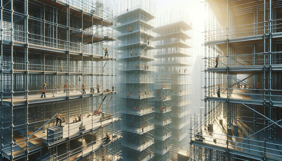 Construction site with tall metal scaffolding structures and workers in orange vests.
