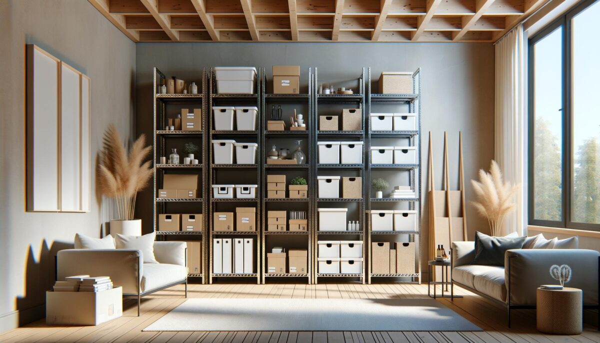 Modern room with metal shelving filled with boxes and decor, two sofas, pampas grass, large windows, and wooden ceiling.