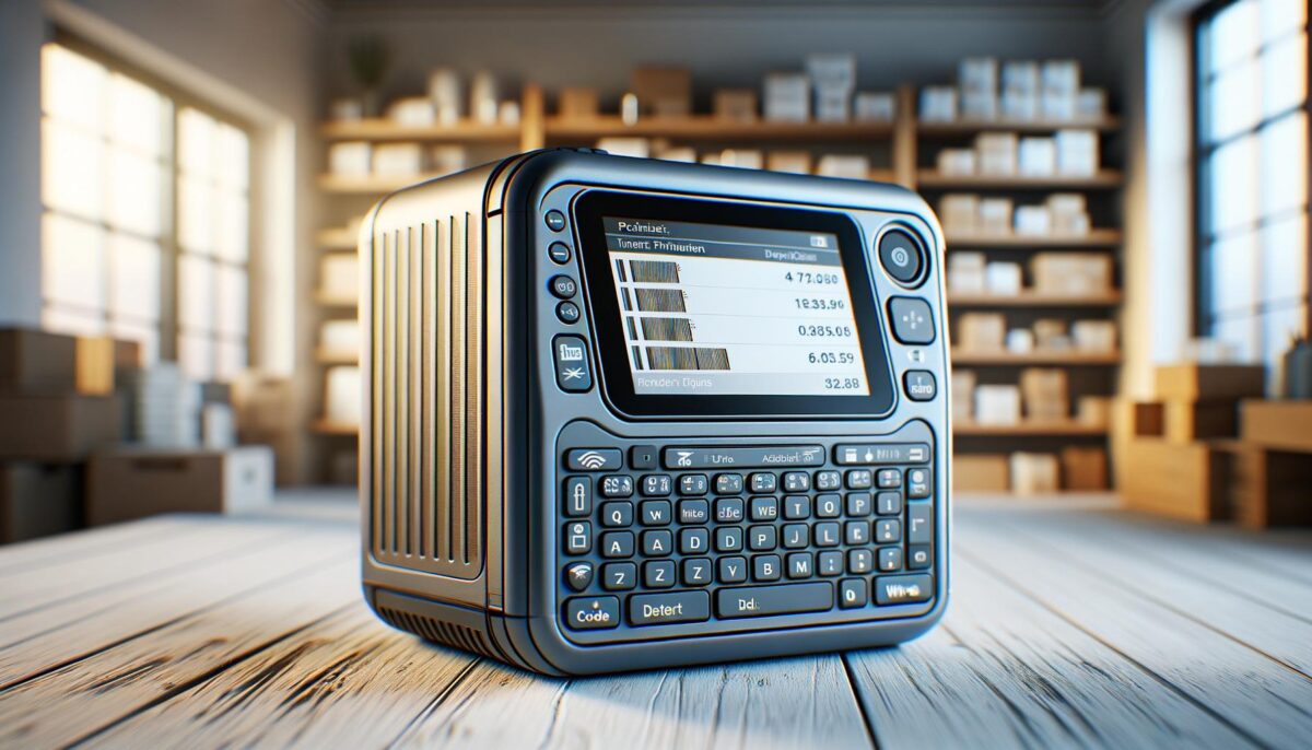 A vintage electronic device with a screen and keypad sitting on a wooden table, shelves with boxes in the background.